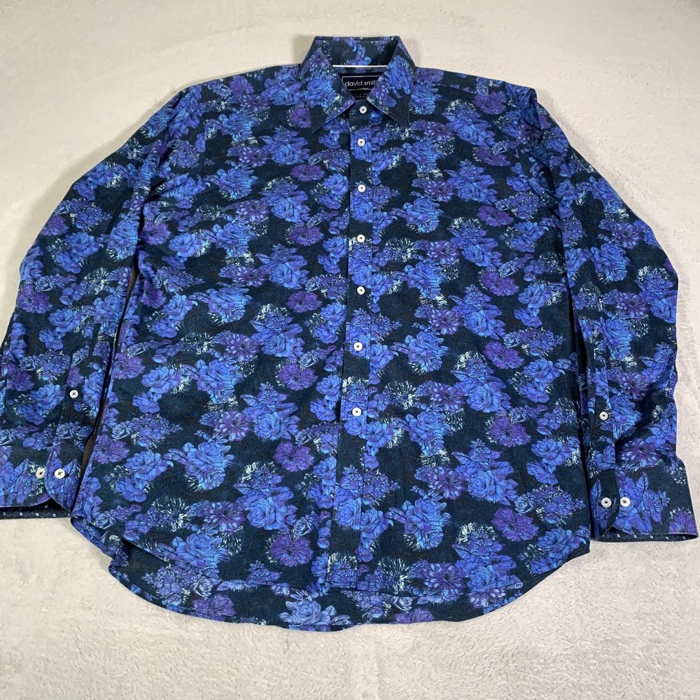 David‎ Smith Shirt Mens XL Blue Floral Cotton Long Sleeve Button Up Australia